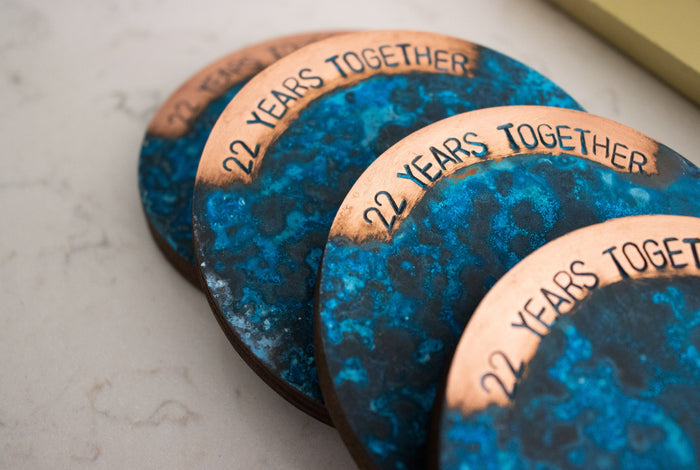 22 Year Anniversary Copper Coaster Set - Blue