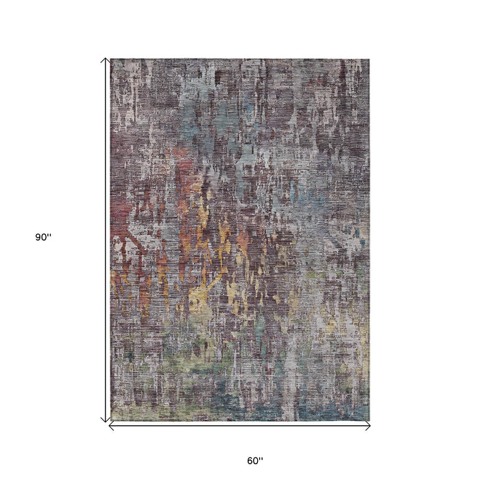 5' X 8' Pewter Abstract Washable Indoor Outdoor Area Rug