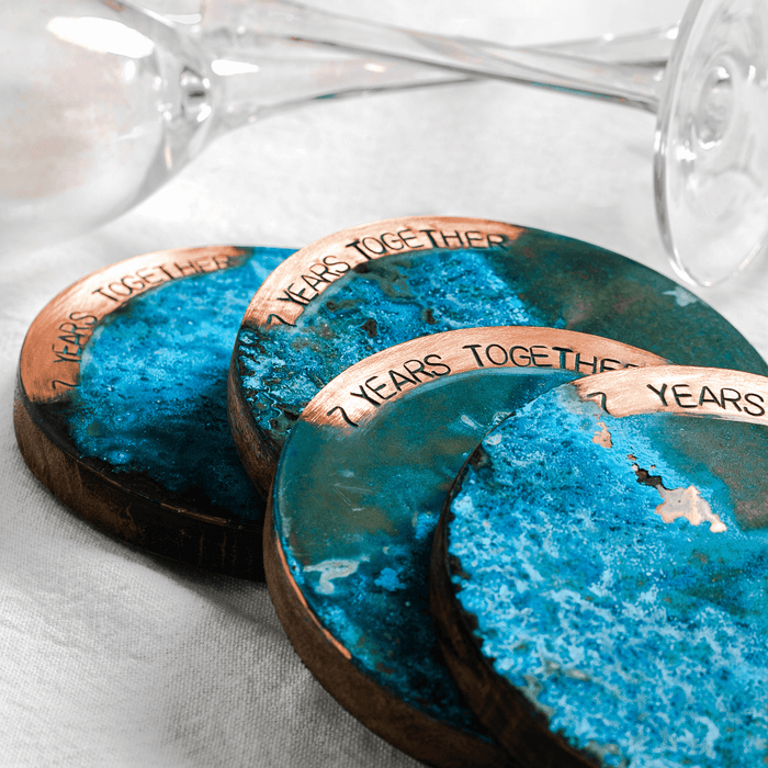 7 Year Anniversary Copper Coaster Set - Blue