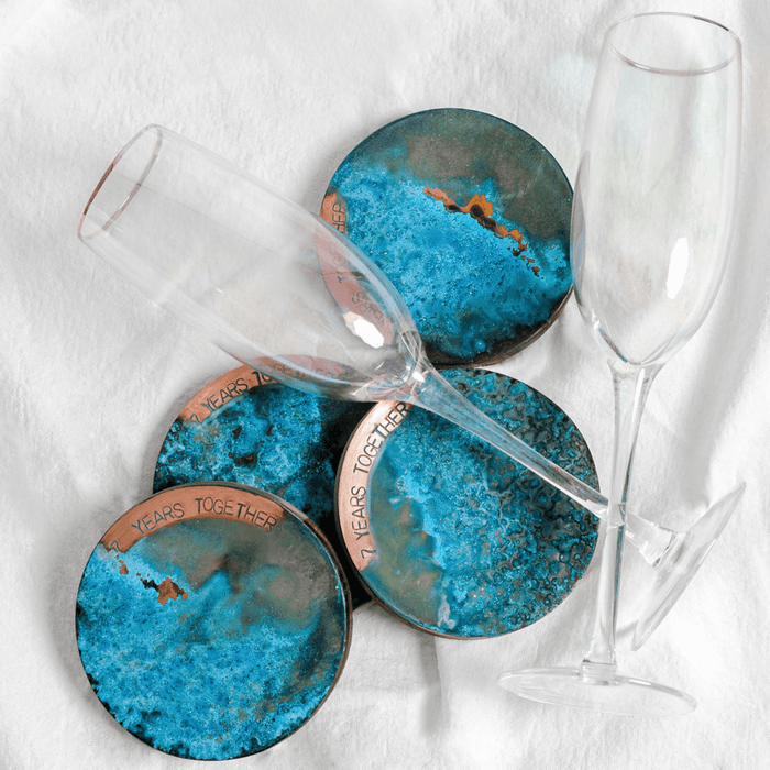 7 Year Anniversary Copper Coaster Set - Blue
