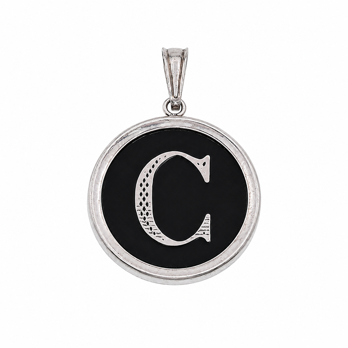 925 Sterling Silver Large Black Onyx Round Initial Charm Pendant -SPP00108