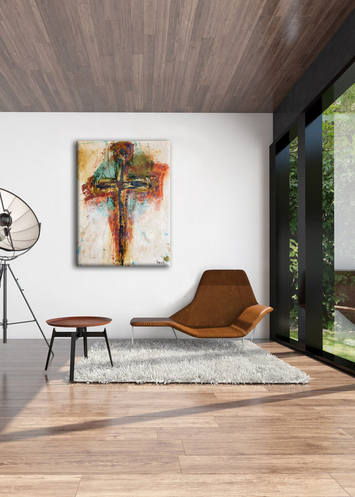 Large abstract cross art prints on canvas, metal and wood.