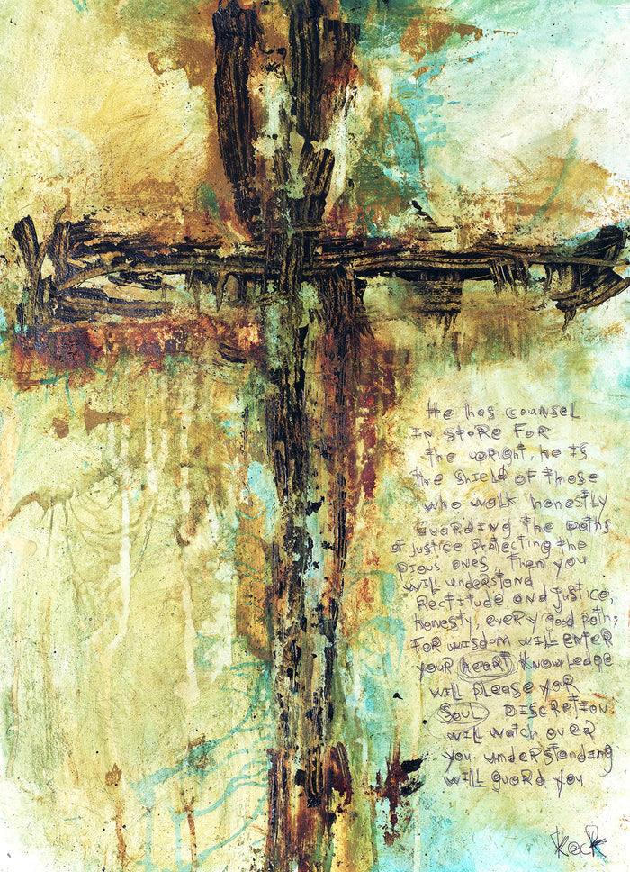 Michel Keck Scripture Cross Art Print on Canvas.  If you purchase a keck cross art print on any site other than this one it is not an authentic Michel keck giclee print.  We ONLY guarantee authenticity of keck's abstract cross art scripture prints when purchased on this website.