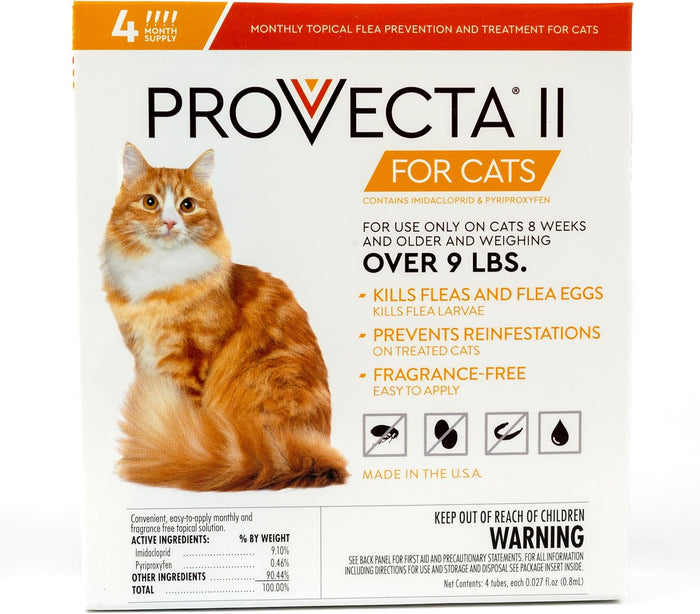 Adult Cat Provecta Ii Flea Treatment Cats Over 9 Lbs 4 Monthly Topical Kills Fleas & Eggs Fast
