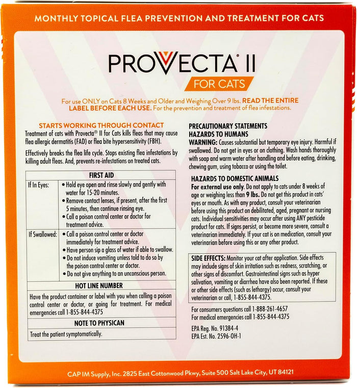 Adult Cat Provecta Ii Flea Treatment Cats Over 9 Lbs 4 Monthly Topical Kills Fleas & Eggs Fast