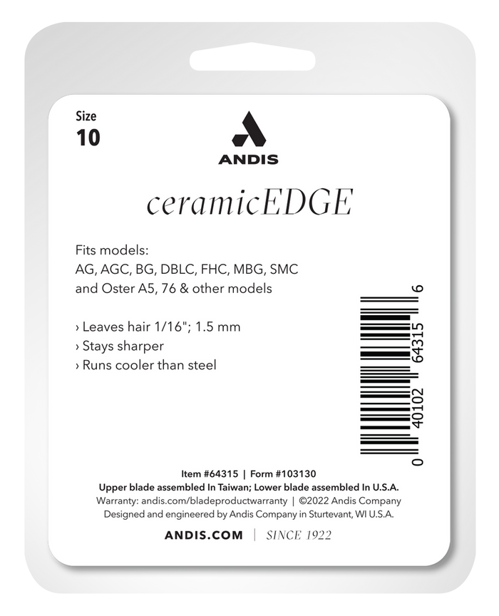Andis Ceramic Edge Size 10 Pet Clipper Blade Runs Cooler Fits AG AGC BDC Series