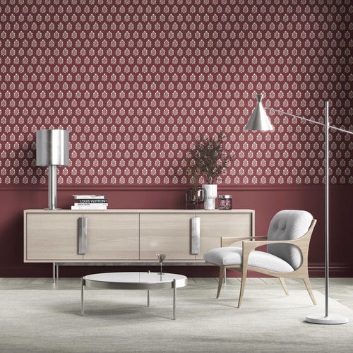 Vintage-Inspired Botanical Floral Block Print Kitchen Wallpaper (Red/ White)