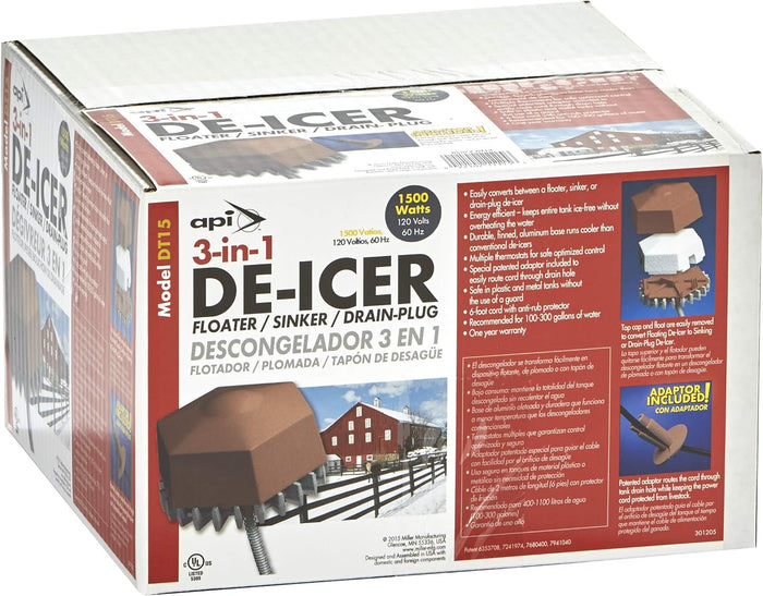 API 3-in-1 De-Icer 1500W Floating Sinking Drain Plug Stock Tank Heater 100–300gal