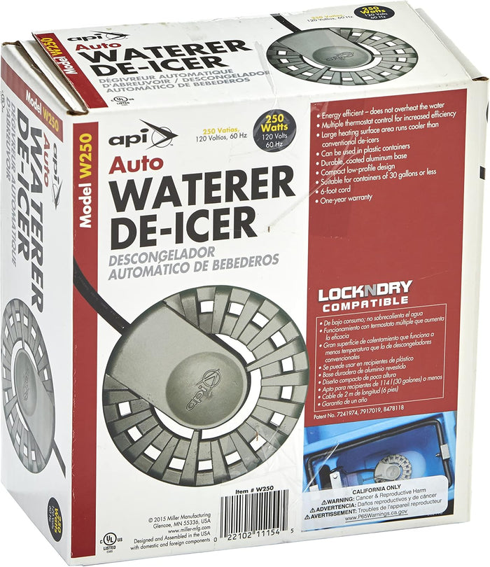 API Automatic Waterer De-Icer 250W Stock Tank Heater Safe Plastic Up to 30 Gal