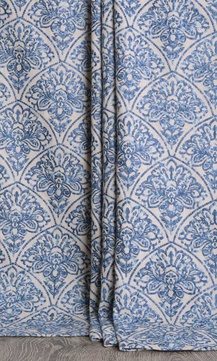 Embroidered Drapes for Living, Bedroom, Kitchen, Bathroom (Pale Beige/ Ink Blue)