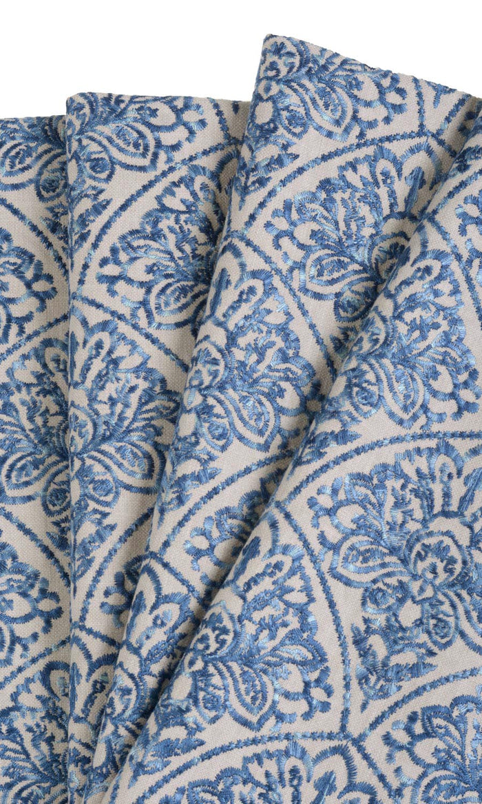 Embroidered Pinch Pleat, Rod Pocket, Eyelet Curtains (Pale Beige/ Ink Blue)