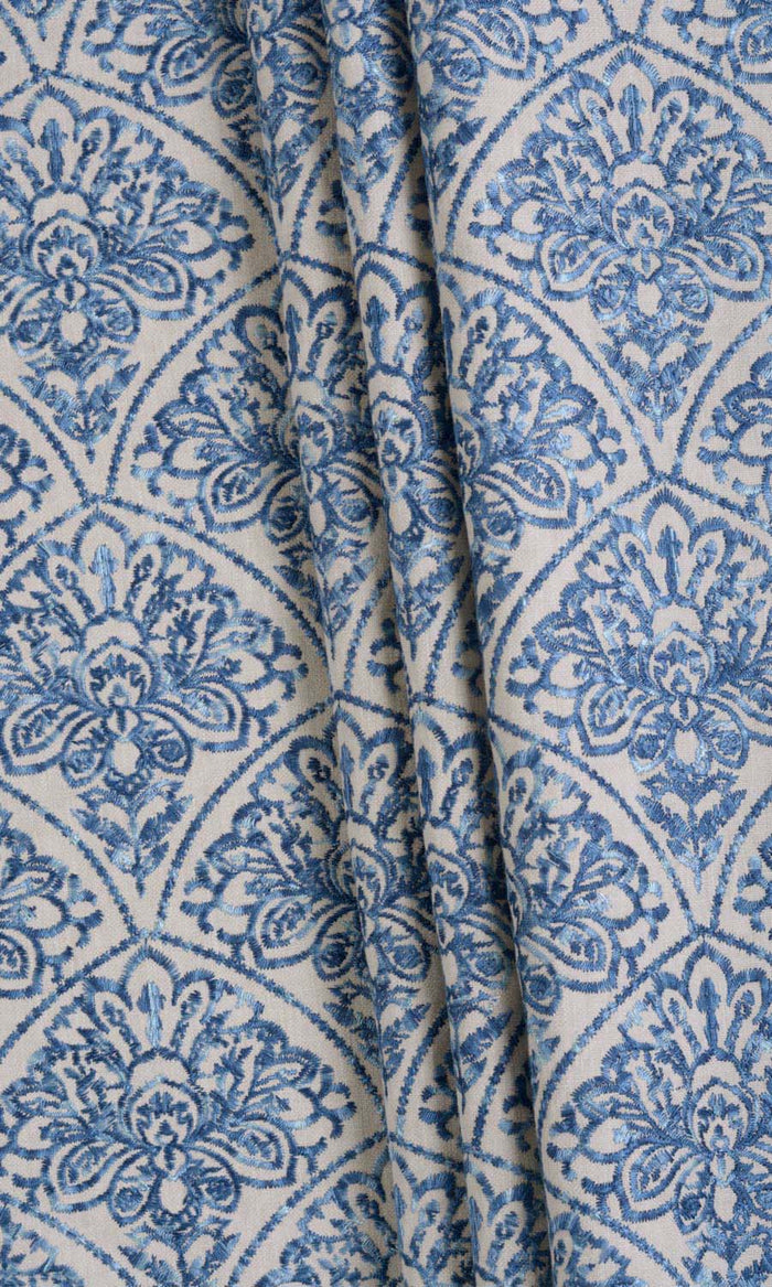 Embroidered Drapes (Pale Beige/ Ink Blue) Extra Long Short Wide