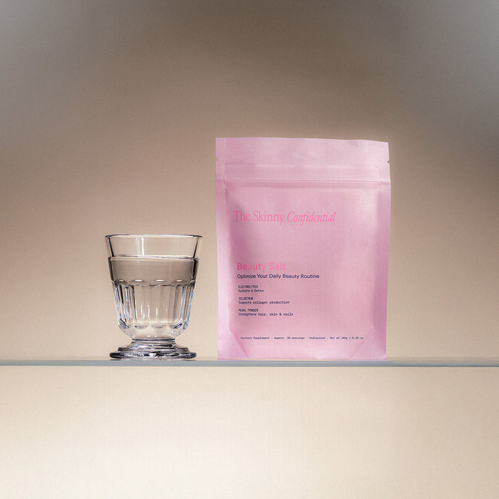The Skinny Confidential Beauty Salt pink packaging.