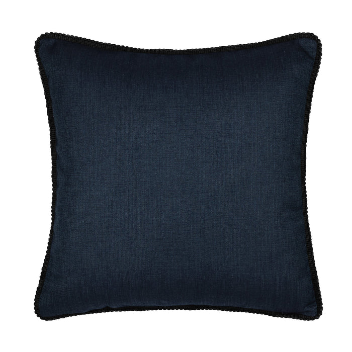 Back image of Dark navy outdoor pillow with bold horse  silhouette for statement outdoor decor