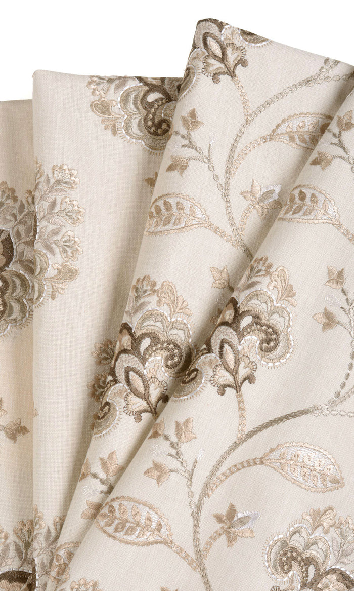 Vine Embroidered Pinch Pleat, Rod Pocket, Eyelet Curtains (Latte Beige/ Brown)