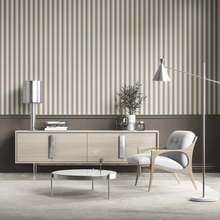 Neutral Geometric Striped Shower Toilet Wallpaper (Brown/ Beige/ Taupe Grey)