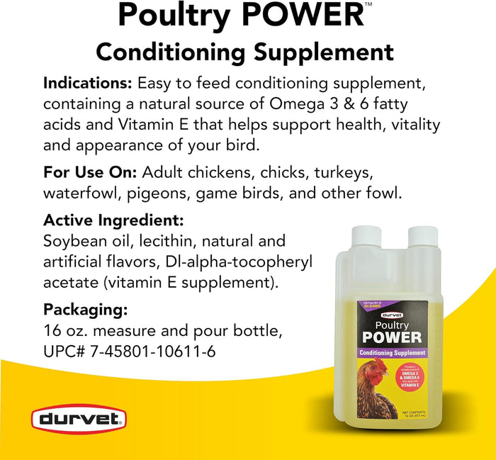 Chicken Bird Durvet Poultry Power Omega 3 6 Vitamin E Supplement Chickens Birds 16 Oz.