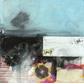 Michel Keck's colorful mixed media art in blue, pink, orange, yellow, brown, black and white