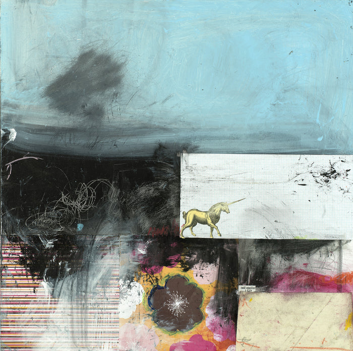 Michel Keck's colorful mixed media art in blue, pink, orange, yellow, brown, black and white