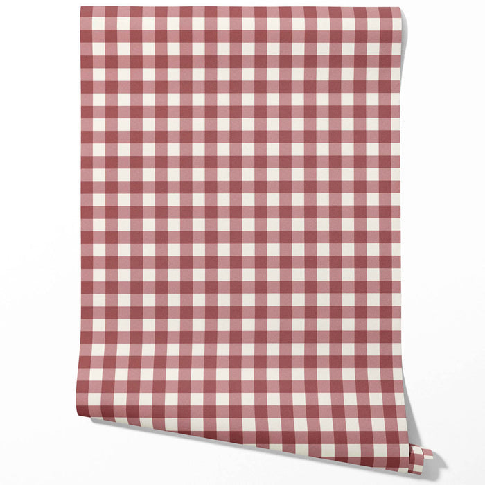 Geometric Gingham Checkered Traditional Wallpaper (Burgundy Red)