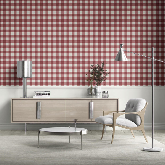 Geometric Gingham Checkered Bathroom Wallpaper (Burgundy Red)