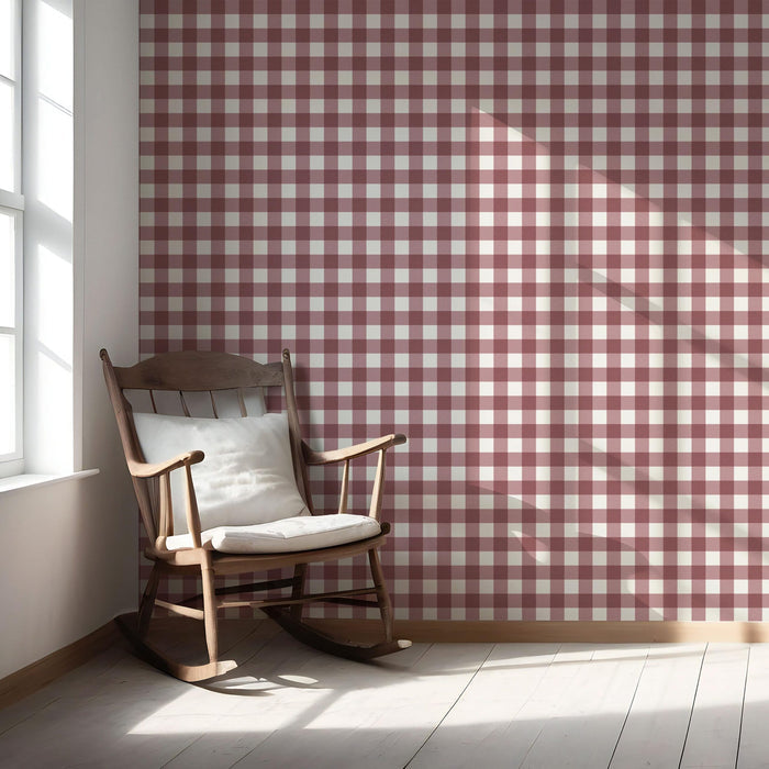 Geometric Gingham Checkered Nursery Wallpaper (Burgundy Red)