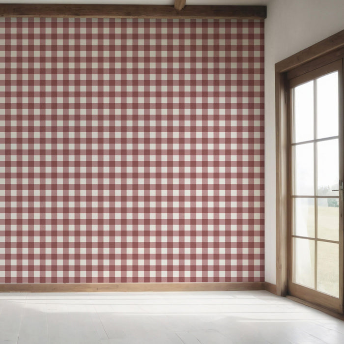 Geometric Gingham Checkered Bedroom Wallpaper (Burgundy Red)