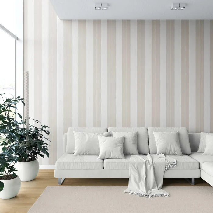 Neutral Geometric Striped Shower Toilet Wallpaper (Beige/ Greige/ Warm Grey)