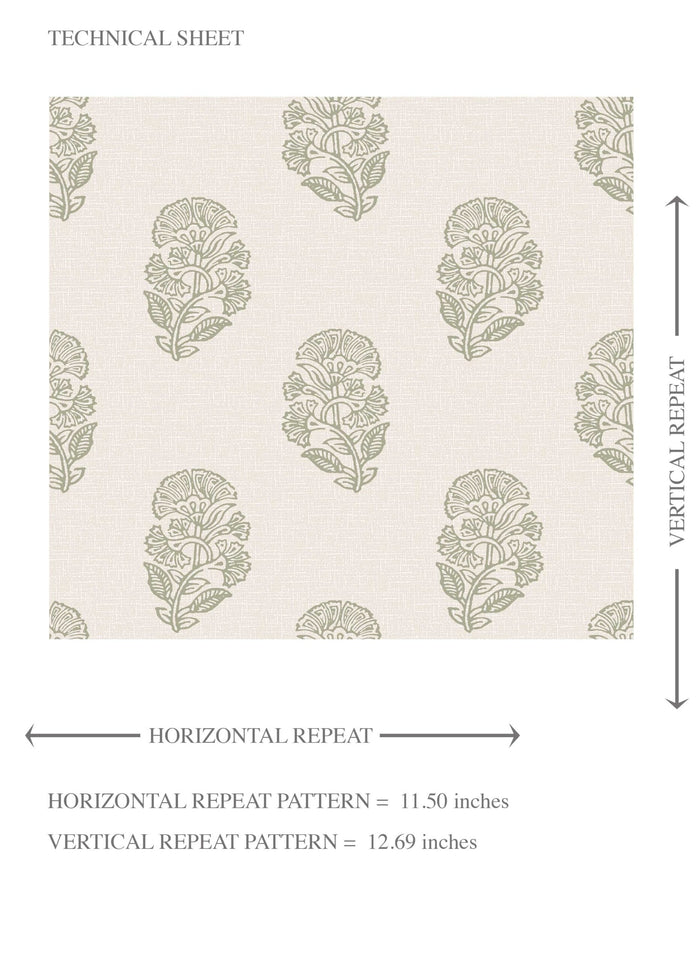 Botanical/ Floral Block Print Kids Room Wallpaper (Olive Green/ Cream)