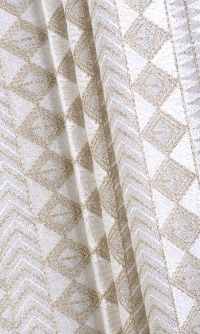 Geometric Patterned Sheer Pinch Pleat, Rod Pocket, Eyelet Curtains (White/ Beige)