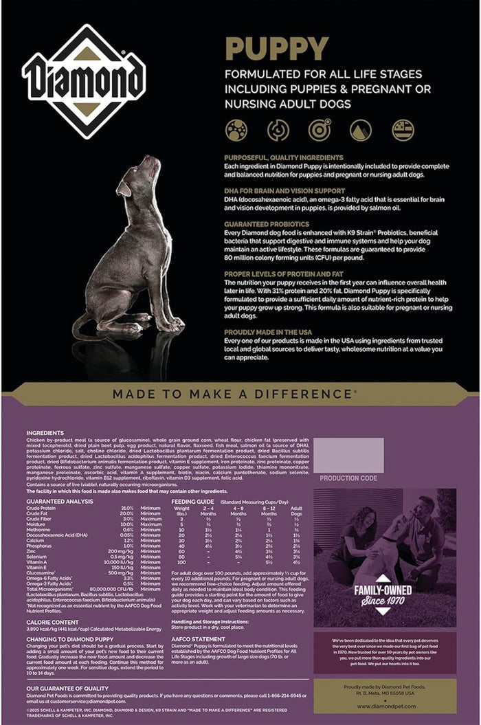 Diamond Puppy Formula All Life Stages 31/20 Suitable Nursing Adult Dog Food 6lb
