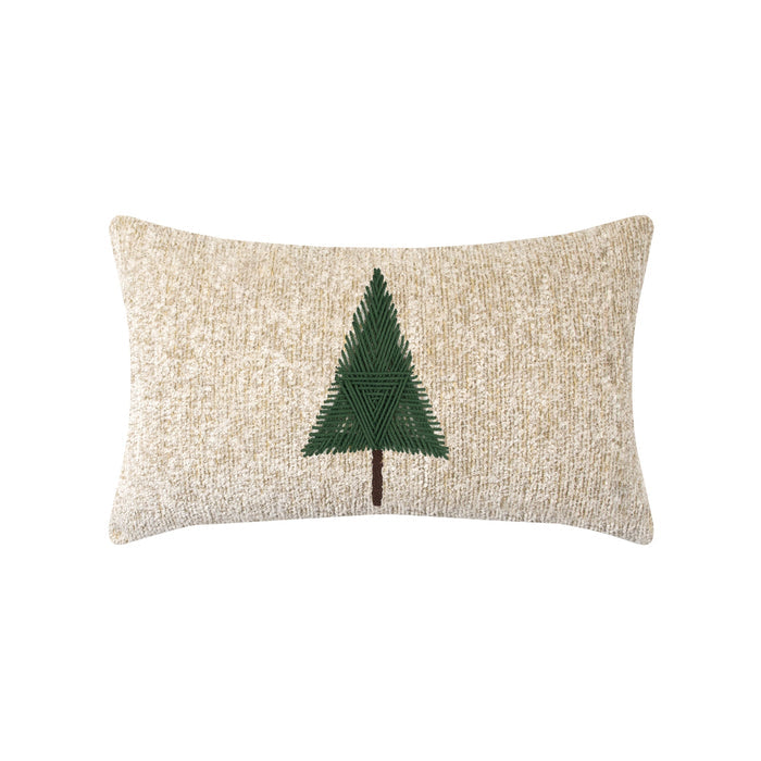 Ivory outdoor pillow with holiday tree hand sewn detail for chic outdoor decor