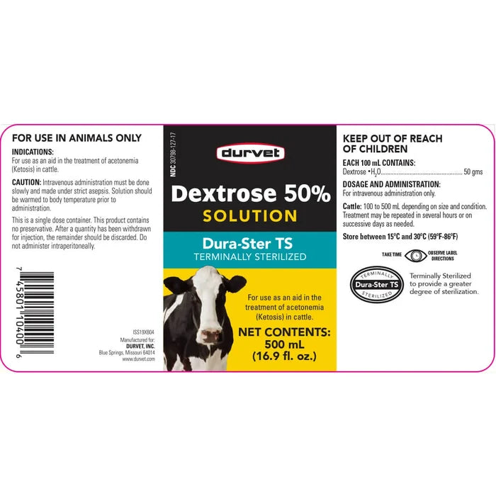Durvet Dextrose 50% Cattle Ketosis Treatment Blood Sugar Energy Support 500mL