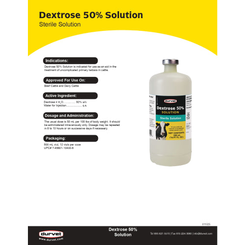 Durvet Dextrose 50% Cattle Ketosis Treatment Blood Sugar Energy Support 500mL