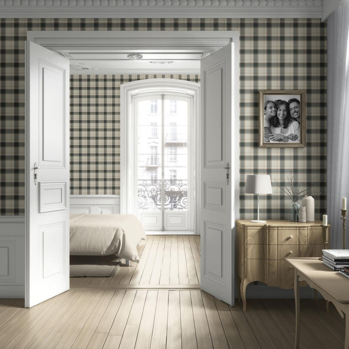Neutral Geometric Plaid Checkered Living Room Wallpaper (Charcoal Black/ Off-White/ Beige)