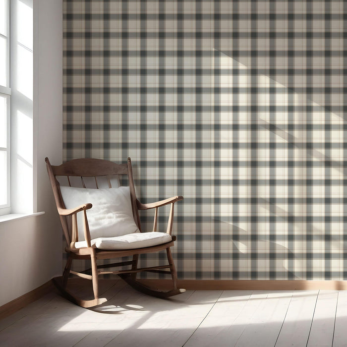 Neutral Geometric Plaid Checkered Nursery Wallpaper (Charcoal Black/ Off-White/ Beige)