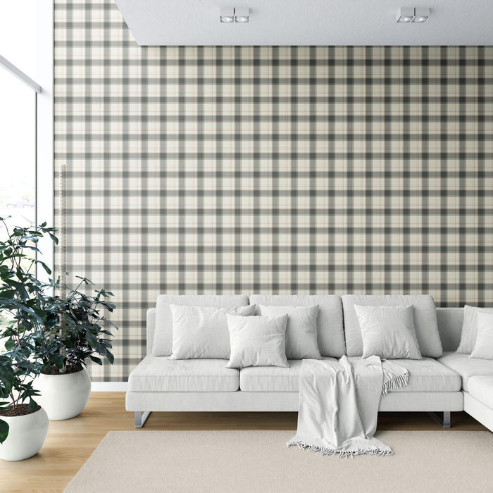 Neutral Geometric Plaid Checkered Shower Toilet Wallpaper (Charcoal Black/ Off-White/ Beige)