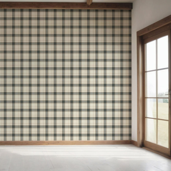 Neutral Geometric Plaid Checkered Bedroom Wallpaper (Charcoal Black/ Off-White/ Beige)