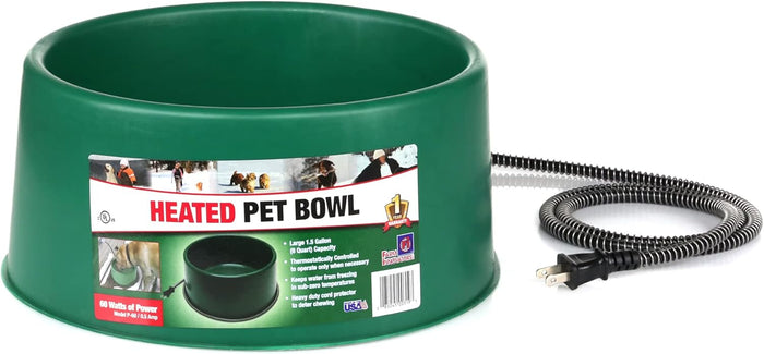 Farm Innovators 1.5Gal Heated Pet Bowl Green 60W Anti-Chew Cord Dogs Cats Winter