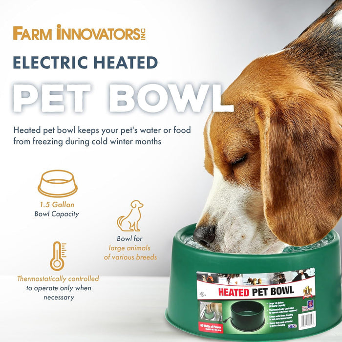 Farm Innovators 1.5Gal Heated Pet Bowl Green 60W Anti-Chew Cord Dogs Cats Winter