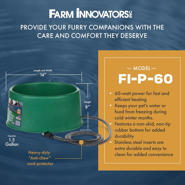 Farm Innovators 1.5Gal Heated Pet Bowl Green 60W Anti-Chew Cord Dogs Cats Winter