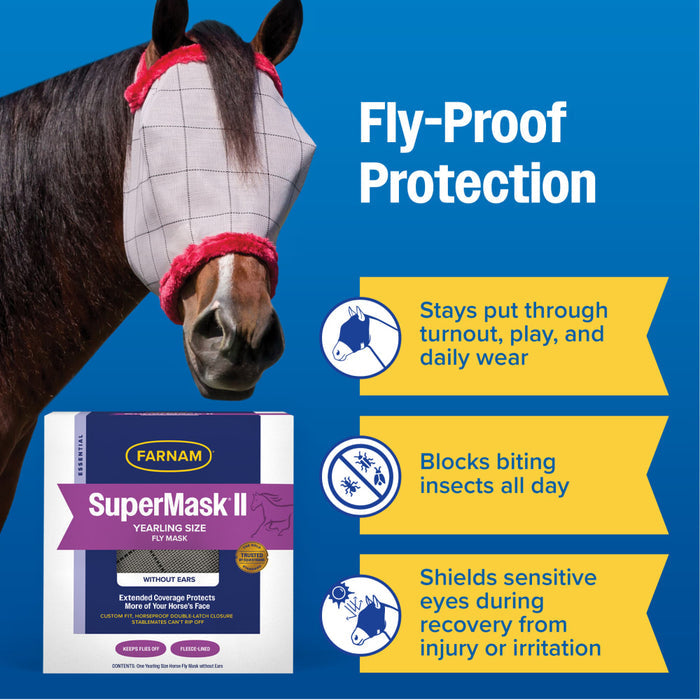 Farnam SuperMask II Yearling Fly Mask No Ears Secure Double-Latch Eye Protection