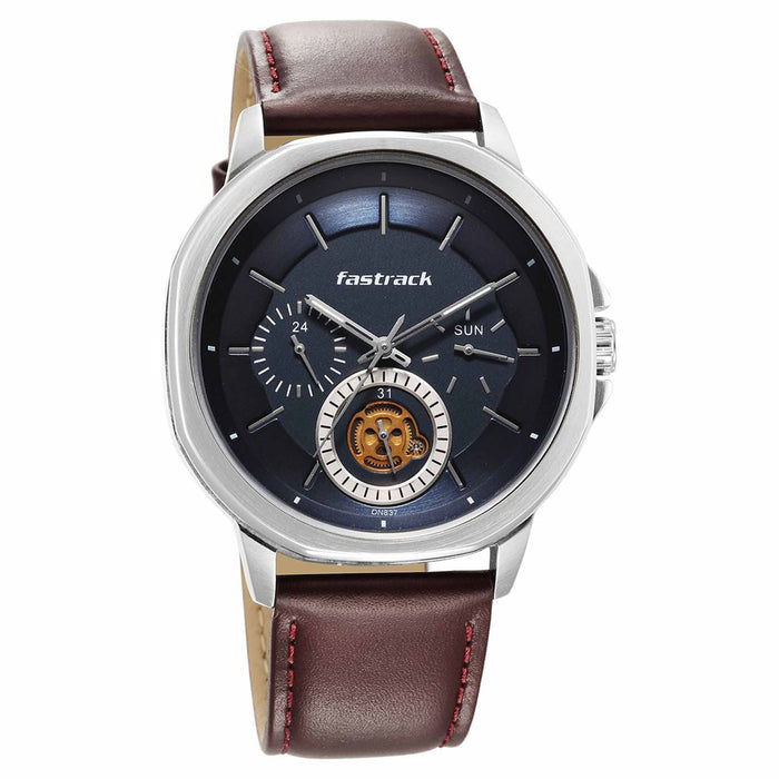 Fastrack Blue Round Dial Brown Strap Watch For Guys