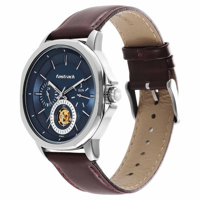Fastrack Blue Round Dial Brown Strap Watch For Guys