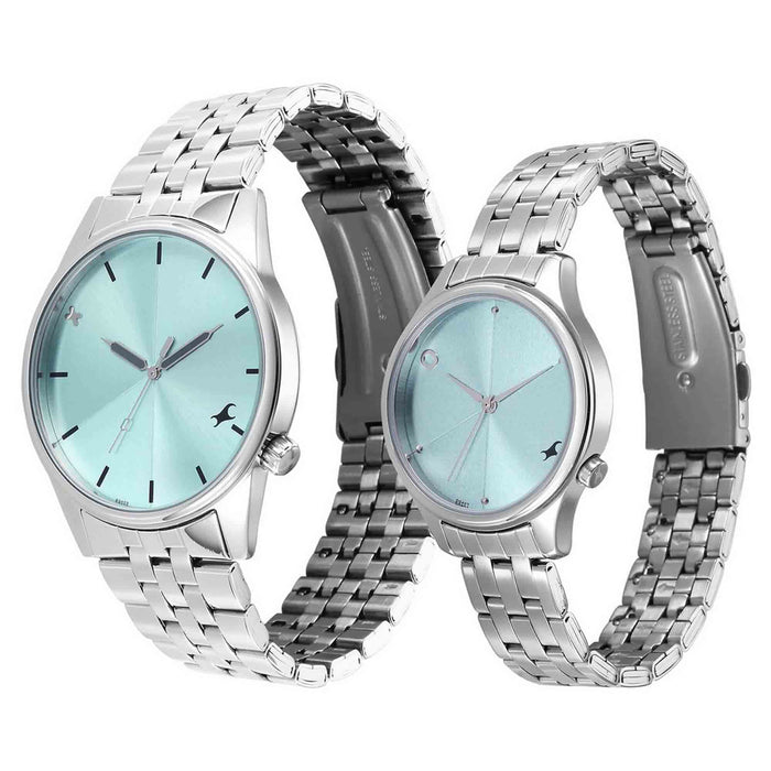 Fastrack Blue Round Dial Silver Strap Watch For Pair