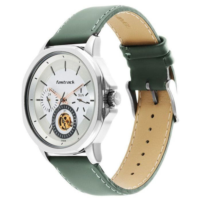 Fastrack Exuberant Quartz Multifunction White Dial Leather Strap Watch for Guys