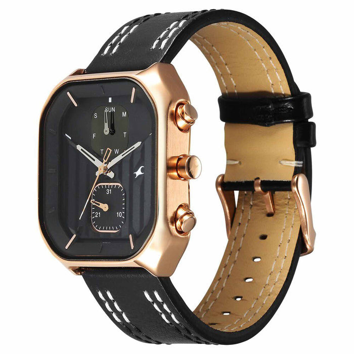 Fastrack Fleek Quartz Multifunction Black Dial Leather Strap Watch For Guys