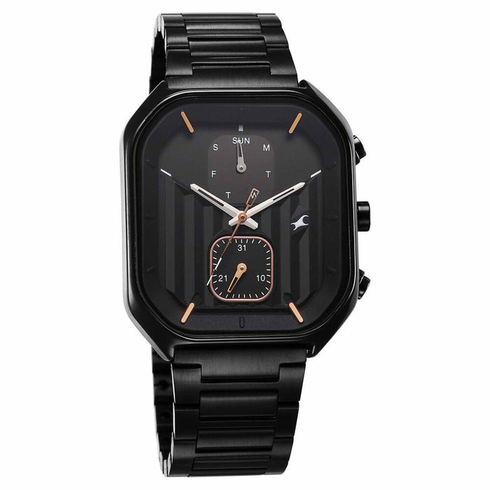 Fastrack Fleek Quartz Multifunction Black Dial Stainless Steel Strap Watch For Guys