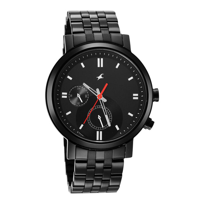 Fastrack Tick Tock Quartz Analog Black Dial Metal Strap Watch for Guys