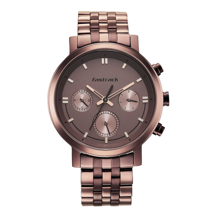 Fastrack Tick Tock Quartz Analog Brown Dial Metal Strap Watch for Guys